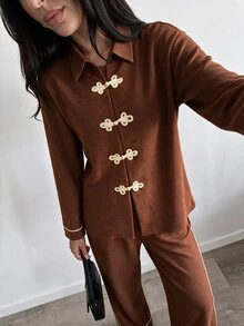 NOVVYNE Women's Brown Long Sleeve Frog Button Collar Knit Trim Commuter Casual Top And Straight Leg Pants 2pcs Set - Brown - View 8