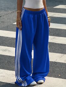Muchica 女款巧克力棕色寬腿運動長褲，附棕色條紋，冬季運動休閒健身超長款針織面料休閒大碼寬鬆條紋長褲 - 寶藍色 - 查看 1