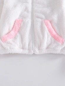SHEIN 1件女款甜美風休閒外套，校園休閒穿搭，秋冬3D貓咪刺繡連帽寬鬆抓絨夾克 - 白色 - 查看 8