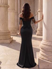 Coutiva Women's Patchwork Sequin Off-Shoulder Pleated Design Slim Fit Mermaid Hem Elegant Sexy Formal Prom Evening Gown Halloween Black Fall - Black - View 2