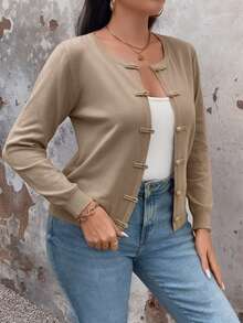 SHEIN LUNE CURVE 大尺碼女款純色休閒百搭日常開襟衫 - 駝色 - 查看 4