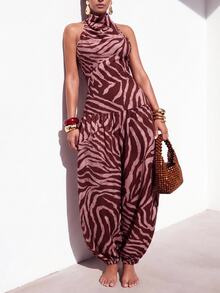 Zivah Women's Loose Zebra Print Cowl Neck Cover-Up Top With Lantern Pants, Beach Vacation - Multicolor - View 4