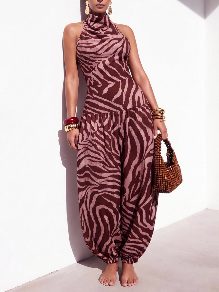 Zivah Women's Loose Zebra Print Cowl Neck Cover-Up Top With Lantern Pants, Beach Vacation Summer Tropical Sexy