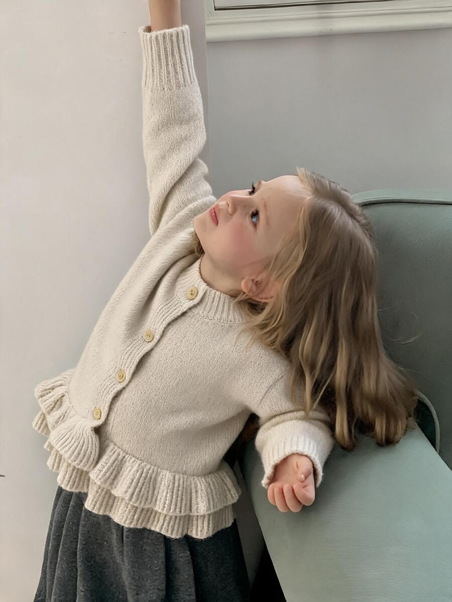 Hapijoa Young Girl Fall Clothes Young Girl) Patchwork Contrast Color Ruffle Fitted Long Sleeve Round Neck Drawstring Tie Casual Cardigan - Beige - View 1