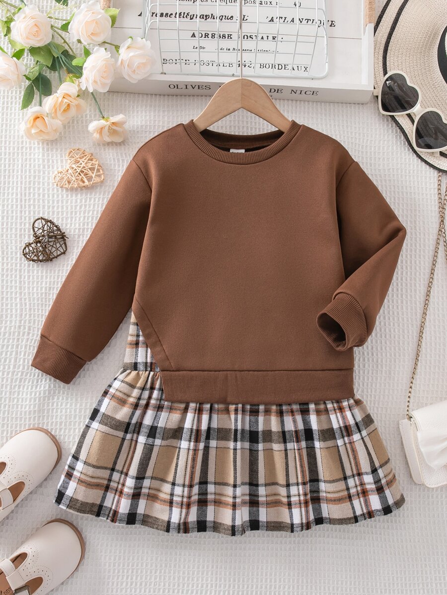 SHEIN Young Girl Casual Commuting School Style Plaid Hem 2 In 1 Sweatshirt Dress, Autumn/Spring - Brown - View 1