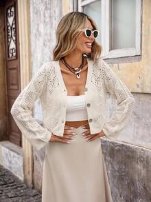Brillora Hollow Out Pointelle Knit V Neck Button Front Cropped Cardigan,Daily Commute,Vacation,Shopping,French Chic,Vacation Style - Khaki - View 1