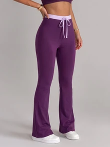 SHEIN With My Calm ColorBlock Waist Drawstring Flared Swim Pants, High Waist Beach Trousers - Purple - View 6