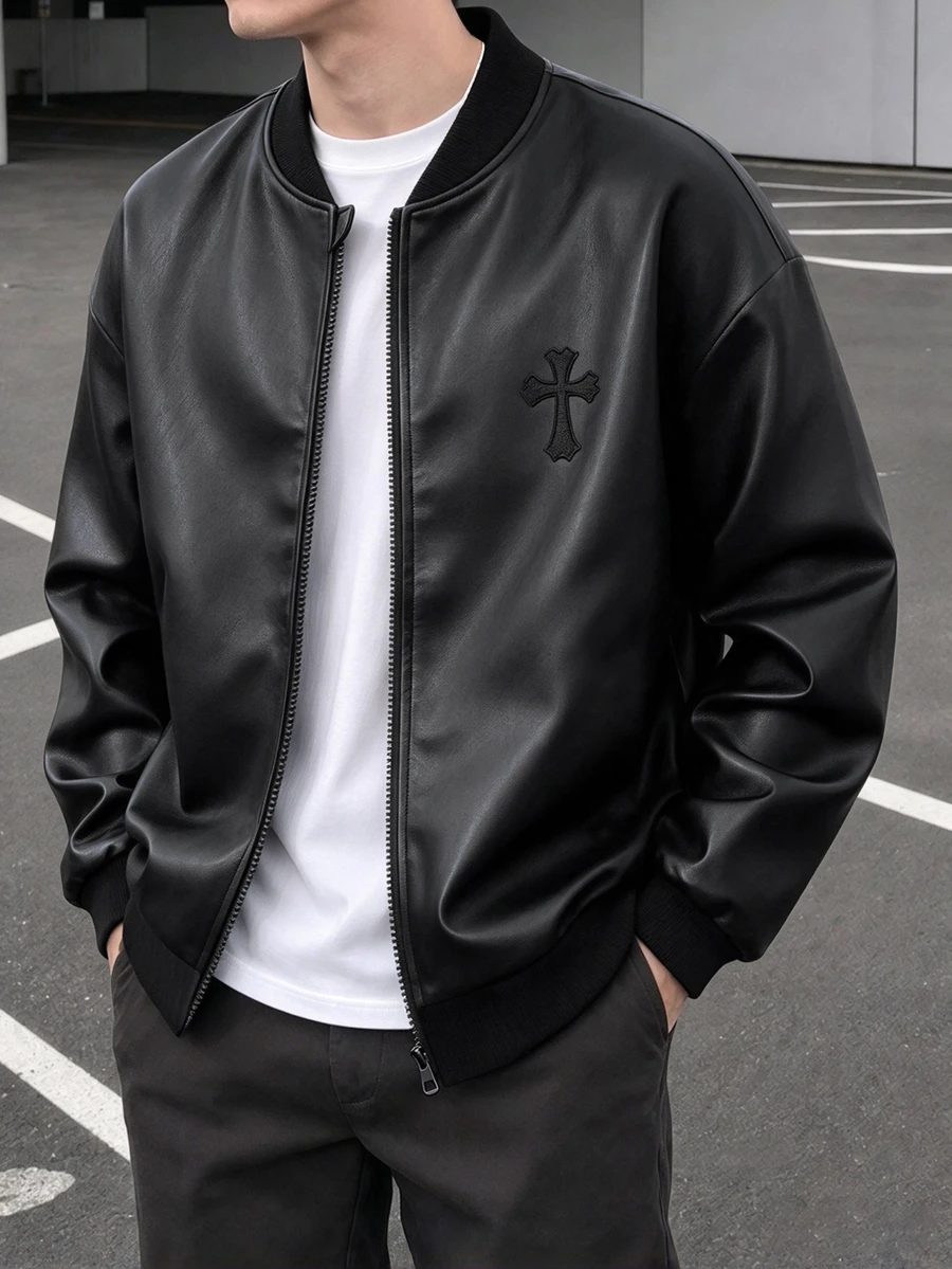 1 buah Jaket Lengan Panjang Kulit PU Kasual Remaja, Kain Lembut dan Nyaman, Cocok untuk Pemakaian Sehari-hari dan Bepergian di Musim Gugur/Dingin, Cocok untuk Anak Laki-laki - Hitam - View 1