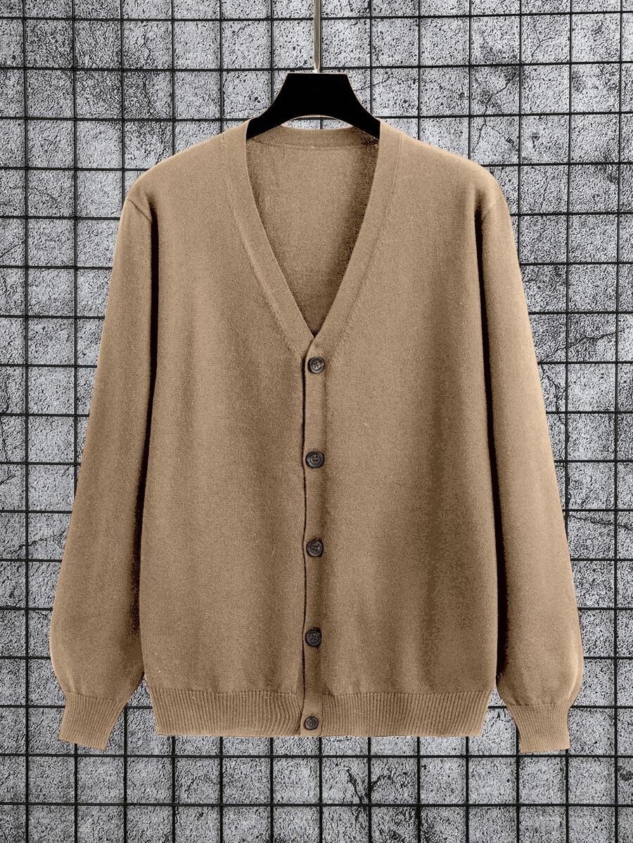 Manfinity Homme Men's Solid Color Long Sleeve Single-Breasted Knit Cardigan, Autumn/Winter - Camel - View 1