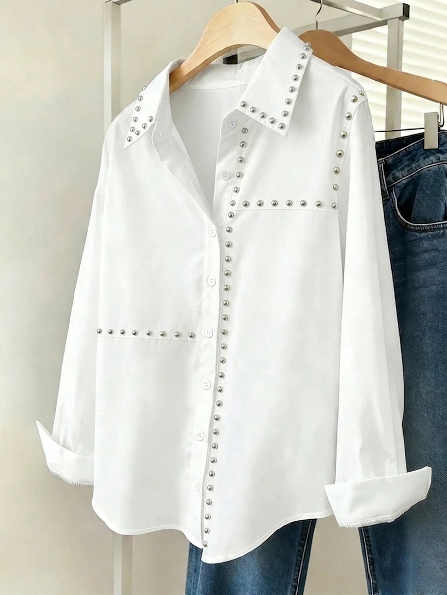 INAWLY Loose Casual Commute Computer Rhinestone Long Sleeve Shirt - White - View 1