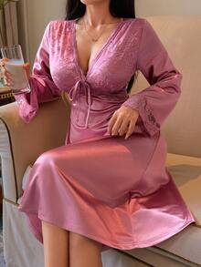 DAZY Women's Lace Patchwork V-Neck Sexy Daily Home Sleep Dress - Pink - View 3