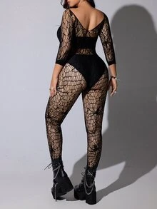 Whyspr Women's Plus Size Spider Cutout Design 3/4 Sleeve Sexy Jumpsuit Fall - Black - View 3