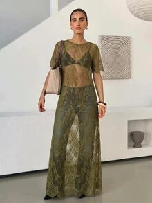 Lavishia 女款圓領短袖透視蕾絲洋裝，蕾絲刺繡透視拍照造型裙，黑色花卉，日常優雅派對夜店女裝 - 軍綠色 - 查看 10