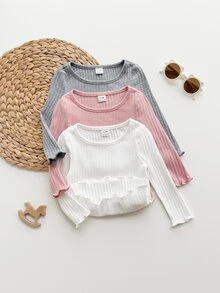 SHEIN 女嬰針織純色圓領休閒T恤上衣3件組，隨機3件，僅含上衣 - 彩色 - 查看 4