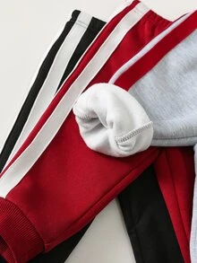 Cozy Pixies 3件組嬰兒男孩女孩可愛秋冬休閒百搭純色側條紋鬆緊腰慢跑長褲，百搭長褲多件組 - 彩色 - 查看 9