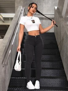 SHEIN ICON Women's Sexy Slim Fit Button Pocket Denim Jeans - Black - View 6
