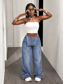 Slaydiva Women's Casual Loose Denim Overalls With Pockets - Blue - View 8