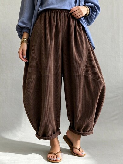 INAWLY Vintage Cordhose mit gebogenem Bein für Damen, elastischer Bund, Split-Patchwork, lockere Karottenhose, lässige weite lange Hose