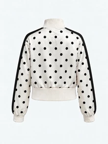 SHEIN Áo khoác denim trẻ em cho bé gái tuổi tween, cổ đứng, họa tiết chấm bi, tay dài, mùa thu/đông - trắng - Xem 3