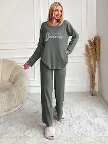 SHEIN Tall Size Women 2 Pcs Dark Green Rib Knitted Slogan Lettered Printed Round Neck Long Sleeved Shirt&L - Dark Green - View 5