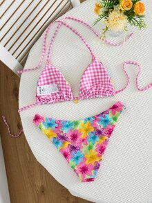 Swim MOD 兩件式春夏度假隨機印花海洋貝殼飾品掛脖三角比基尼上衣與比基尼褲頭可正反穿花紋比基尼套裝 性感女款泳衣套裝 - 彩色 - 查看 2