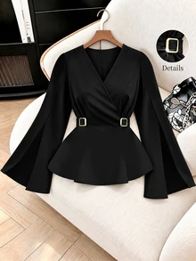 GlowEve CURVE Plus Size Women's Elegant V-Neck Long Sleeve Blouse, Deep V-Neck Metal Button Decor Shirt, Front Slit A-Line Design, Suitable For Daily Commute, Office, Party, Cocktail, Wedding Guest - Black - View 3