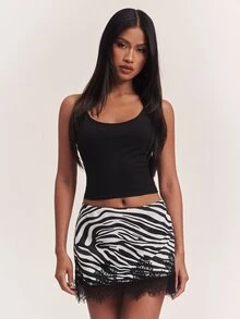 SHEIN BAE Women's Zebra Print Lace Patchwork Casual Daily Mini Skirt - Black and White - View 4