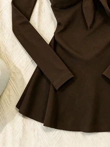 INAWLY Women's Solid Color Sweetheart Neckline Bowknot Long Sleeve Mini Dress - Coffee Brown - View 5