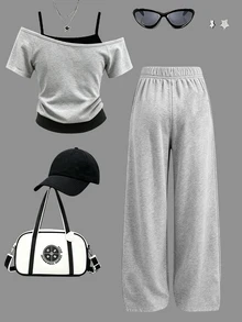 Women's Casual Fashion Grey & Black Pentagram Graphic Print 2 In 1 Asymmetric Shoulder Short Sleeve T-Shirt & Wide Leg Pants Set - Multicolor - View 2