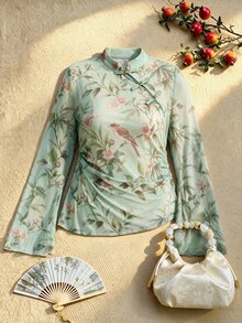 EastFlair Plus Size Women's Floral Print Frog Button Placket Long Sleeve Ruched Top - Multicolor - View 4