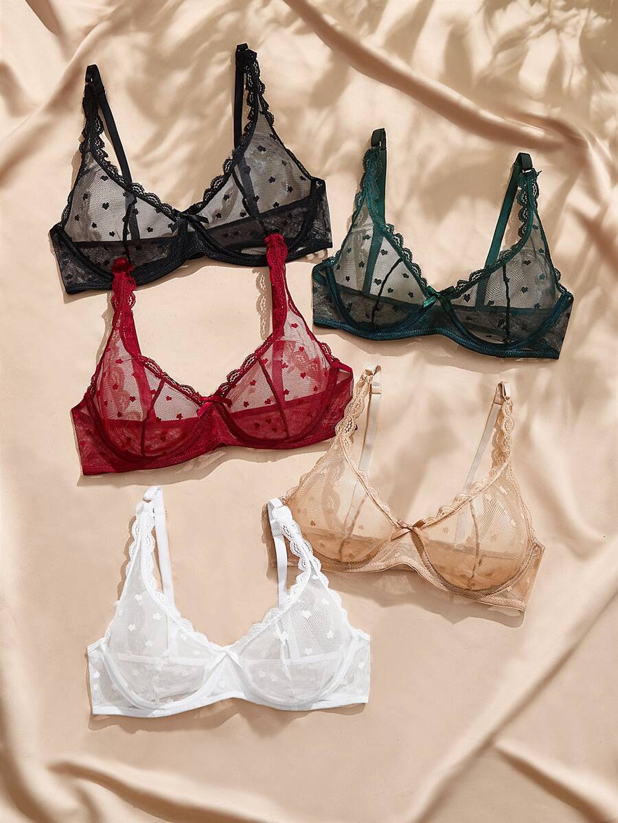 Charlaine 5pcs Sexy Women's Heart-Shaped Mesh Underwire Non-Padded Bras, Large Bust Minimizing - Multicolor - View 1