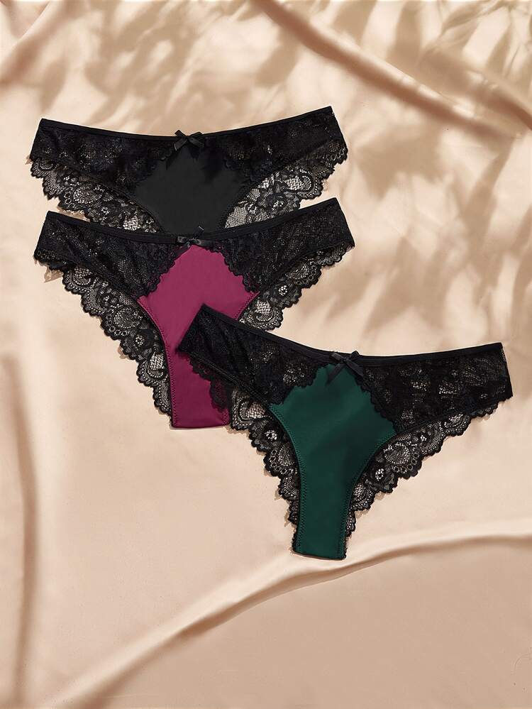 Snug Zone Women's Colorblock Bow Decor Low Waist Lace Panties (3pcs/Pack) - Multicolor - View 3