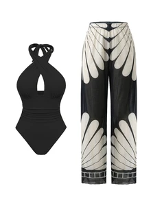 Swim Oasis Fashion New Solid Color Hollow Cross Halter Neck One Piece Swimsuit For Women With Printed Cover-Up Beach Set - Multicolor - View 3
