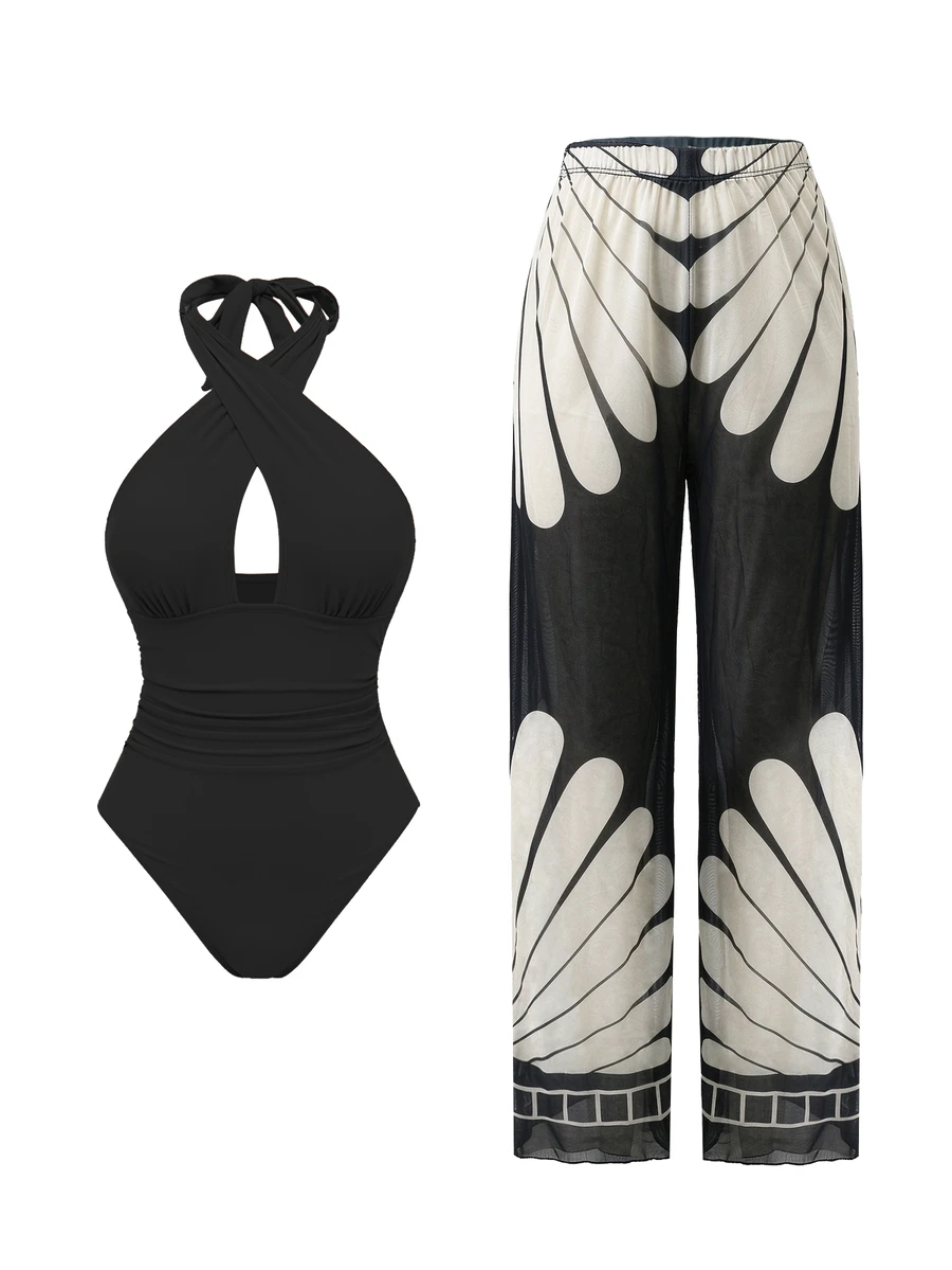 Swim Oasis Fashion New Solid Color Hollow Cross Halter Neck One Piece Swimsuit For Women With Printed Cover-Up Beach Set - Multicolor - View 1