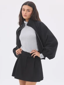 KÆRIA Hus High Waist Box Pleat Mini Skirt - Wool Blend - Black, Tailored, Preppy, Office - Navy Blue - View 6