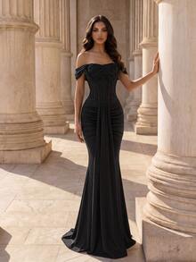 Coutiva Women's Off-Shoulder Solid Color Mermaid Tail Elegant Waist-Cinched Formal Evening Gown Dress - Black - View 1