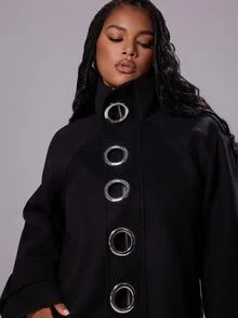 Rustia Women's Plus Size Solid Color Eyelet Decor Fashion Versatile Overcoat Winter - Black - View 1