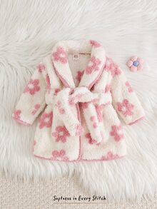 Cozy Pixies 新生兒嬰兒休閒日常舒適長袖粉色花卉圖案絨毛晨袍居家服 - 粉色 - 查看 7
