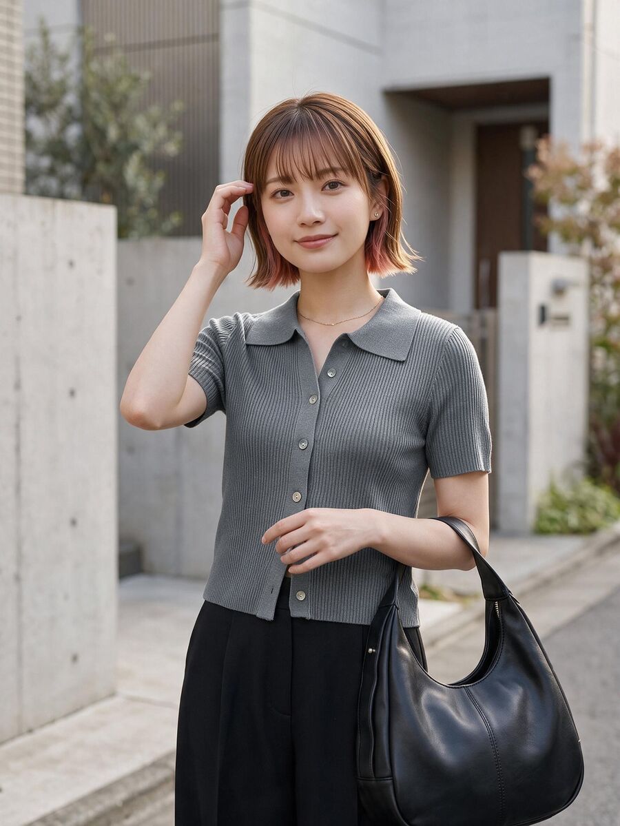 BizChic 女款秋季翻領條紋鈕扣針織開襟衫,都市通勤商務休閒優雅女裝針織上衣 - 灰色 - 查看 1