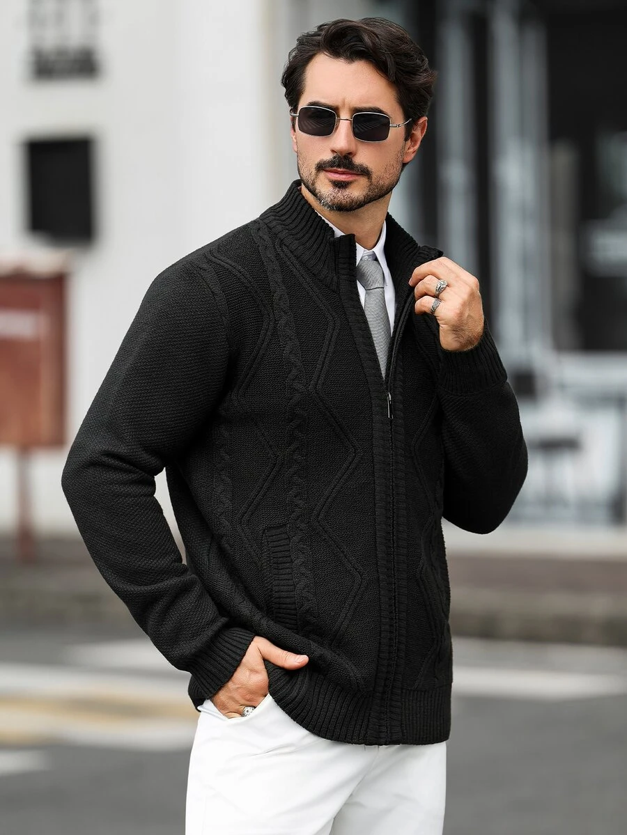 Marcello Vane 男士秋冬羅紋拉鍊長袖針織開襟衫 - 黑色 - 查看 1