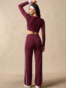 FavEase 1pc Women's Burgundy & Light Pink Contrast Color Straight Leg Long Sleeve Outerwear Sports 3 Pieces Set - Multicolor - View 3