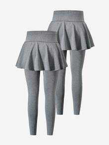 SHEIN Tween Girl Leggings, Casual Elegant Skorts 2 In 1 With Bow Pattern, Suitable For Spring, Autumn, Summer Wear, Perfect For Outing - Grey - View 3