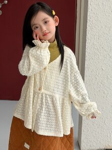 Dazy Kids Tween Girl V-Neck Single-Breasted Dropped Shoulder Long Sleeve Loose Fit Blouse - Beige - View 7
