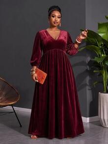 SHEIN CURVE+ Plus Size Elegant Gentle Velvet Pleated Dress - Burgundy - View 4