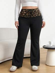 Shapeblank Women's Plus-Size Black Flare Pants With Leopard Print Panels – Stylish, Casual, Stretchy, And Comfortable, Fall/Winter, Thanksgiving, New Year - Black - View 4