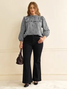 Écloséra Curve Plus Size Women's French Vintage Plaid Shirt, Woven Fabric, Ruffle Collar, Frill Trim, Embroidered Puff Long Sleeve Blouse - Black - View 7
