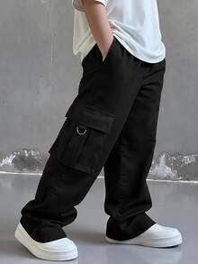 SHEIN Little Byeori KidsYoungBoy休閒運動工裝直筒寬鬆長褲，黑色工裝褲，適合秋冬、學校、家庭聚會、度假、派對，秋季穿搭，冬季穿搭 - 黑色 - 查看 2