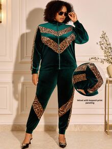 BrightlyHer Plus Size Green Pocket Zip Lapel Collar Long Sleeve Two Pieces Set Elegant Formal Fall Winter 2026 - Green - View 1