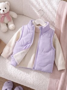 SHEIN Playful Pals 1件粉色立領無袖拉鍊抓絨背心，適合女嬰，適用於休閒外出、玩耍、拍照或舒適冬季百搭外套 - 淡紫色 - 查看 8