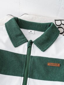 SHEIN 男童綠色與白色條紋極簡休閒風 Polo 領半拉鍊長袖套頭上衣搭配同款長褲套裝，適合戶外活動、居家休閒、日常運動穿著，整體設計簡約優雅，舒適時尚，秋冬新款，適用多季節與多場合 - 綠色 - 查看 6